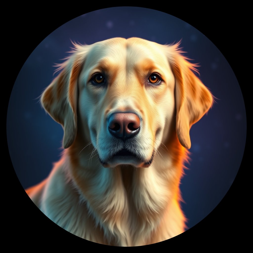 Cosmic medallion portrait of GRLS_grlsE4JQL822, a Golden Retriever