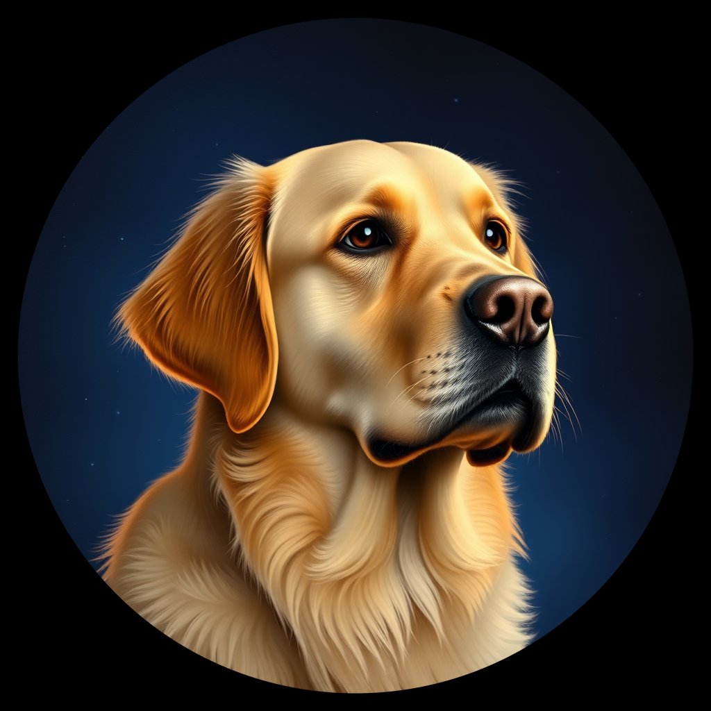 Cosmic medallion portrait of GRLS_grlsE4U1WZHH, a Golden Retriever