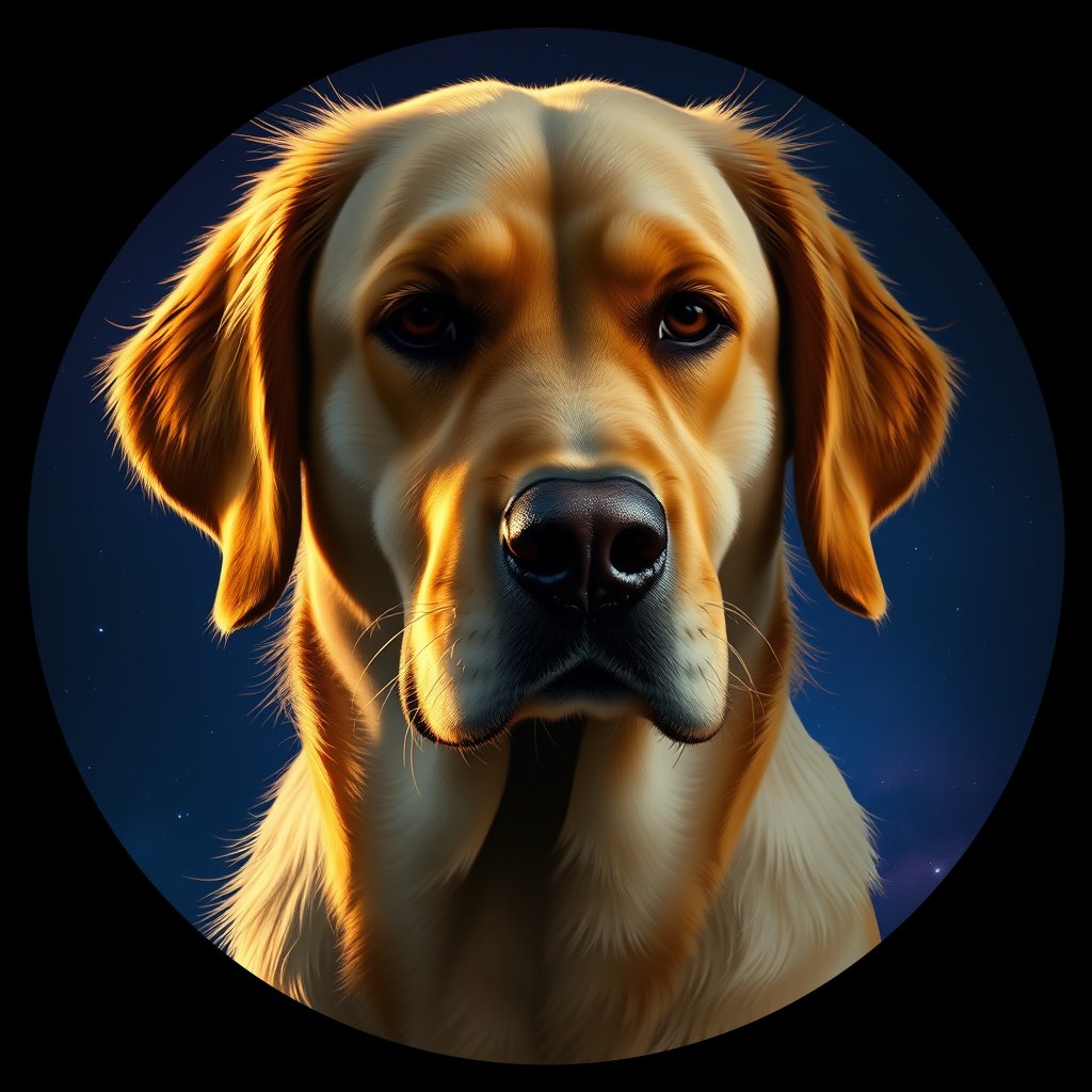 Cosmic medallion portrait of GRLS_grlsE9SB7KFF, a Golden Retriever