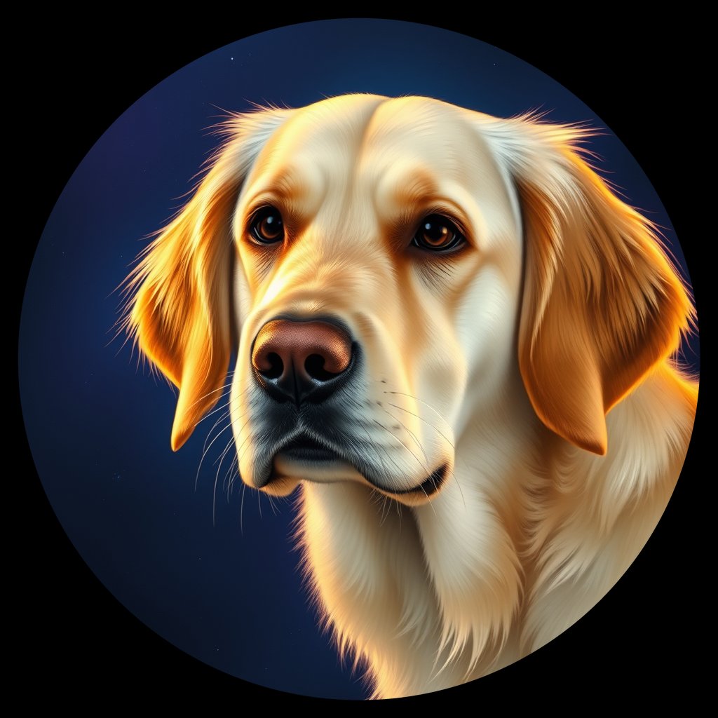 Cosmic medallion portrait of GRLS_grlsE9TRQCQQ, a Golden Retriever