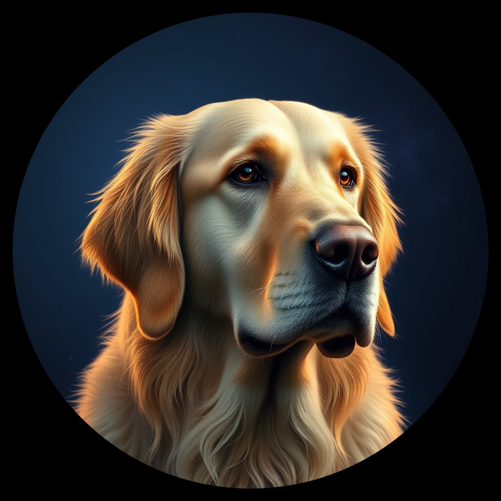 Cosmic medallion portrait of GRLS_grlsED6P5KYY, a Golden Retriever