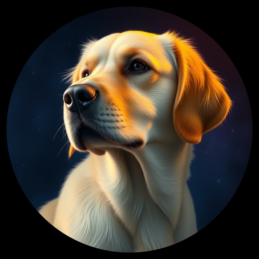 Cosmic medallion portrait of GRLS_grlsEJM7R4RR, a Golden Retriever