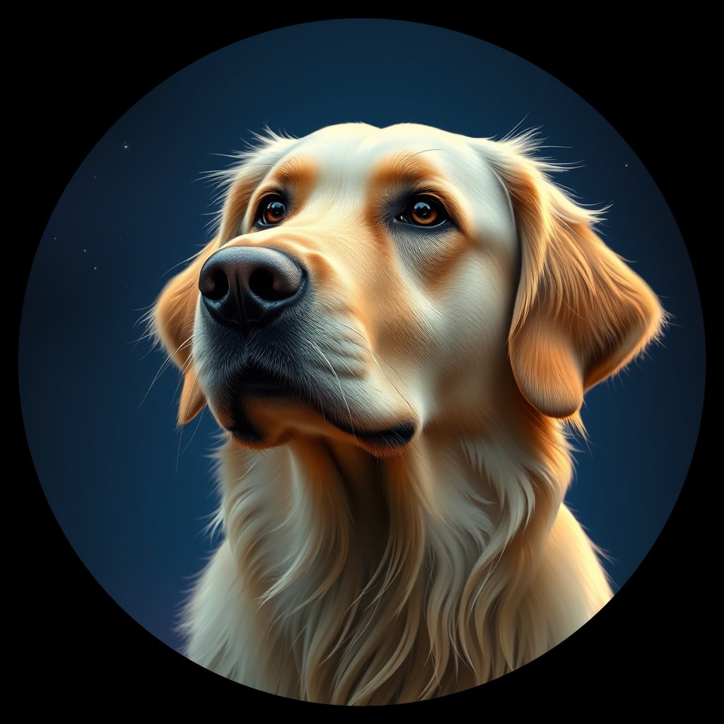 Cosmic medallion portrait of GRLS_grlsEK6T8E11, a Golden Retriever