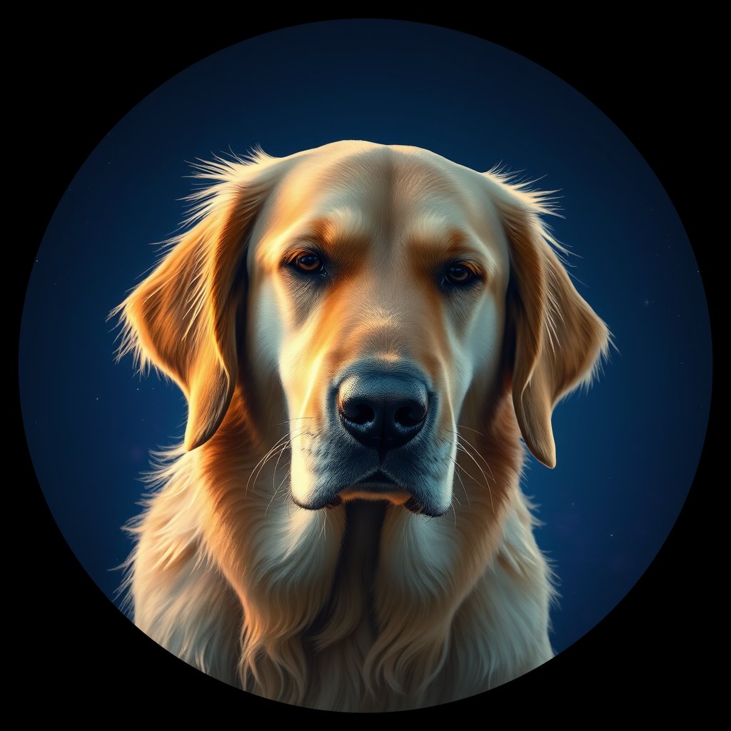 Cosmic medallion portrait of GRLS_grlsEKM79DXX, a Golden Retriever