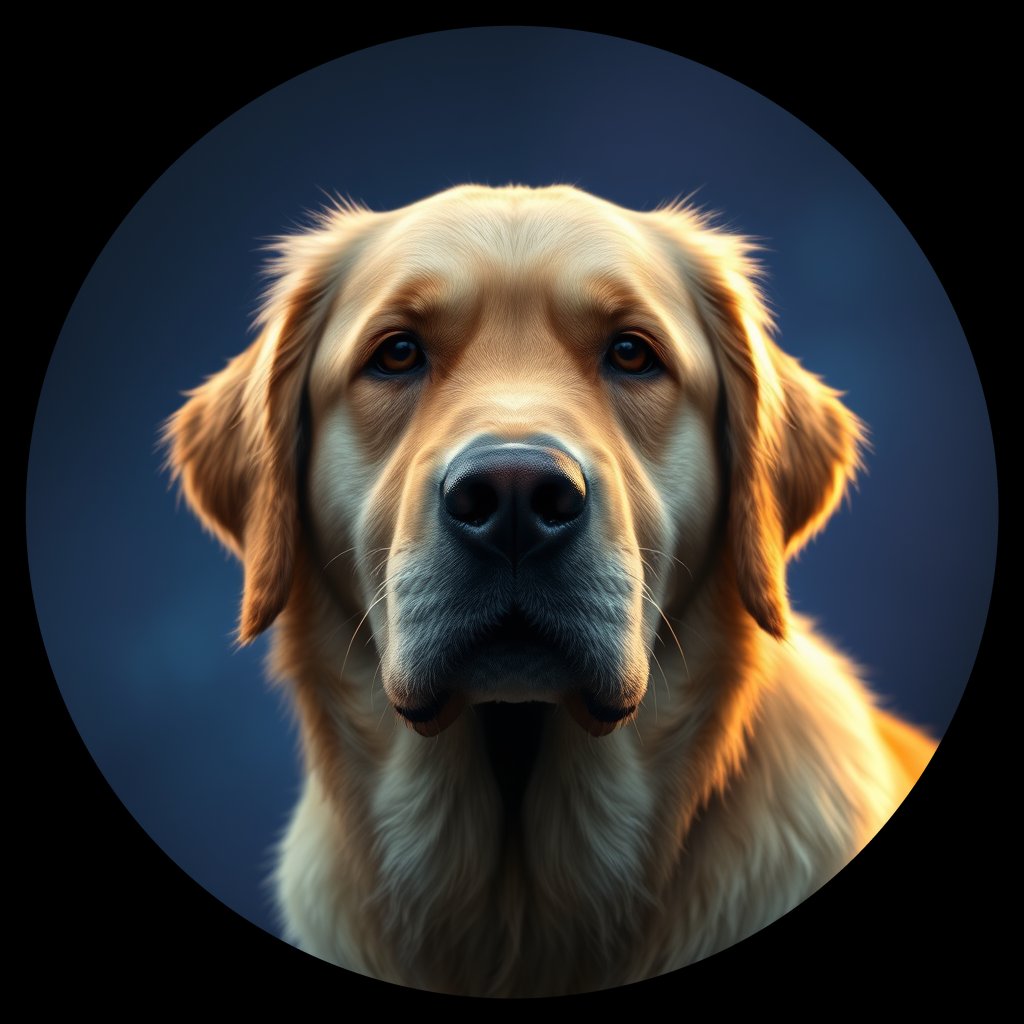 Cosmic medallion portrait of GRLS_grlsEM40KBMM, a Golden Retriever