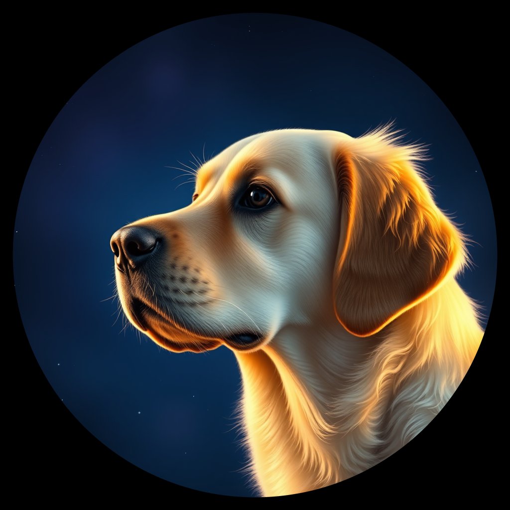 Cosmic medallion portrait of GRLS_grlsEO5YUP22, a Golden Retriever