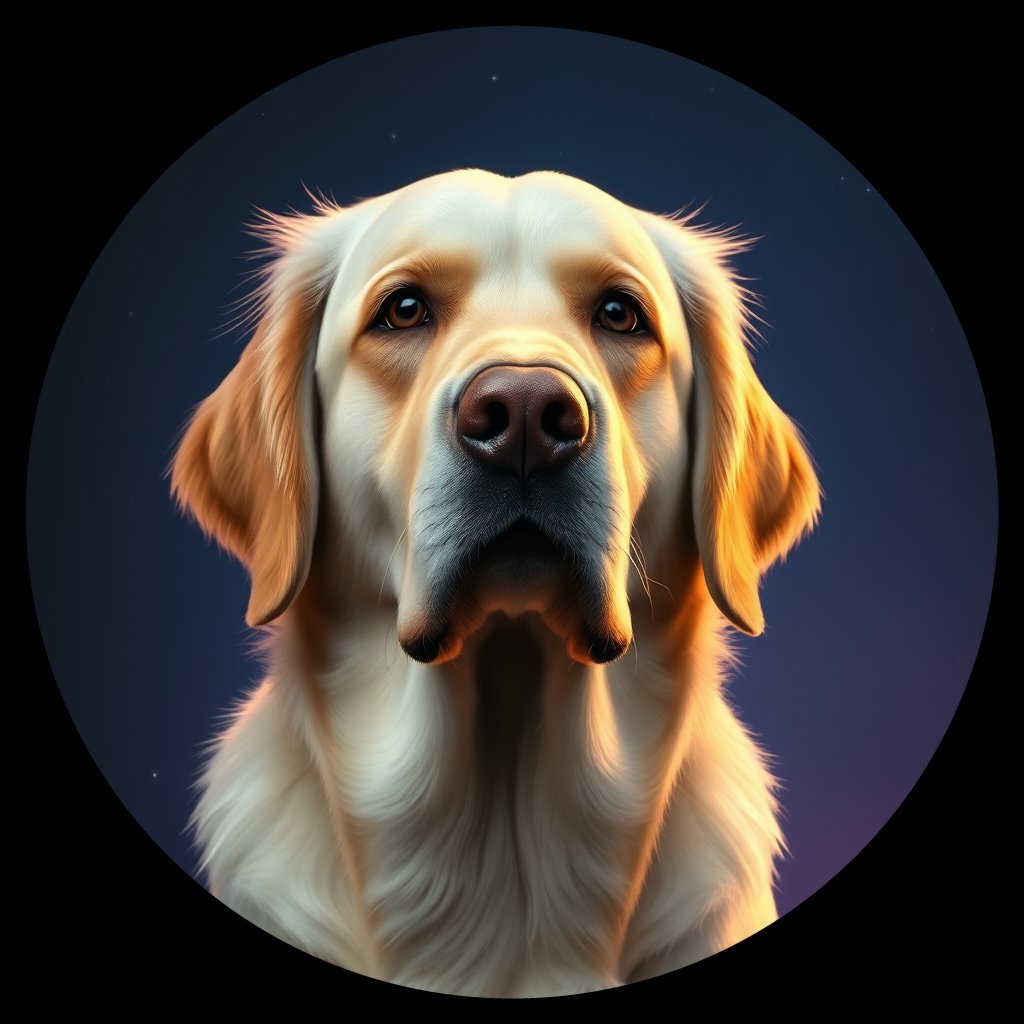 Cosmic medallion portrait of GRLS_grlsEPDHQK22, a Golden Retriever
