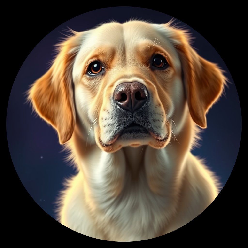 Cosmic medallion portrait of GRLS_grlsET00DD55, a Golden Retriever