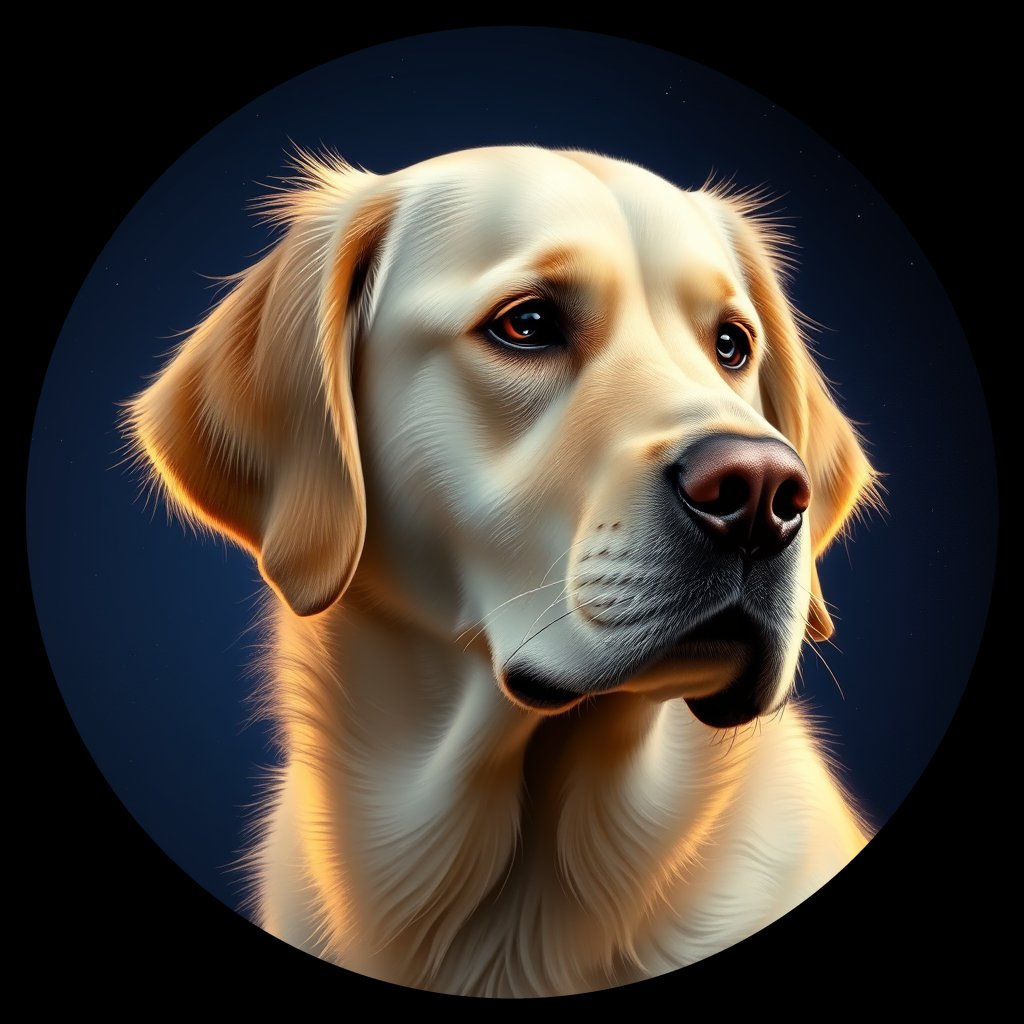 Cosmic medallion portrait of GRLS_grlsEU20O6AA, a Golden Retriever