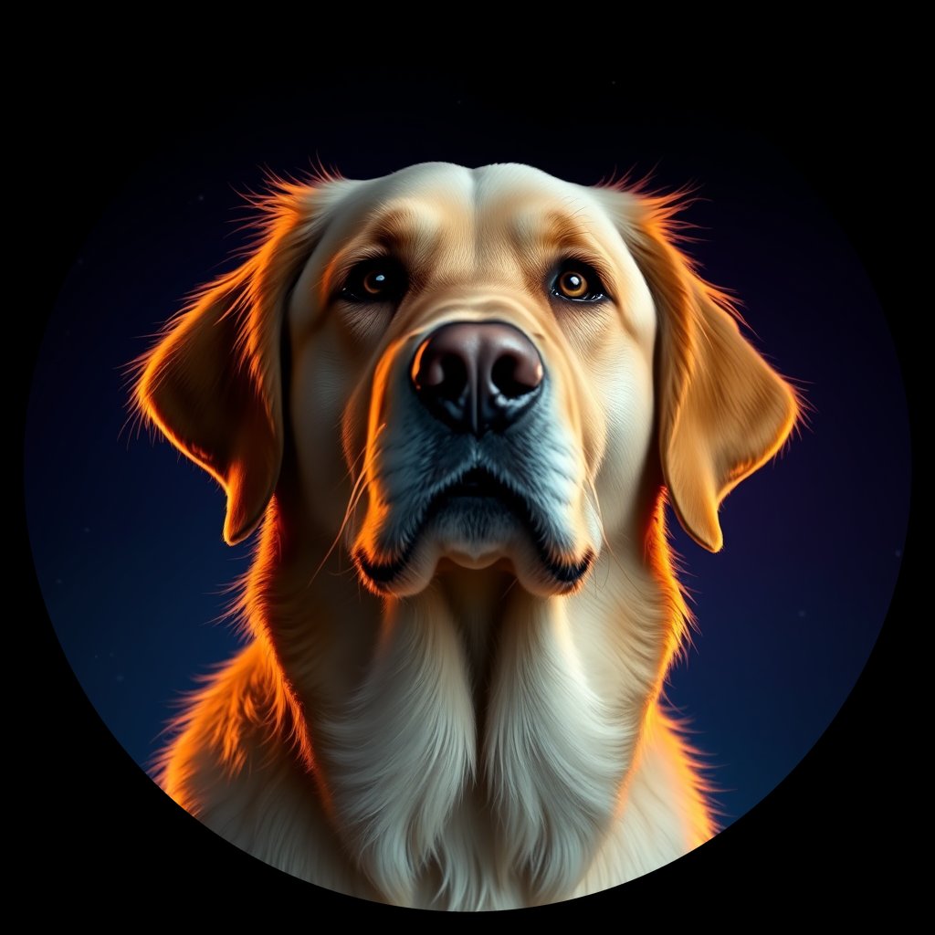 Cosmic medallion portrait of GRLS_grlsEYHWGXFF, a Golden Retriever