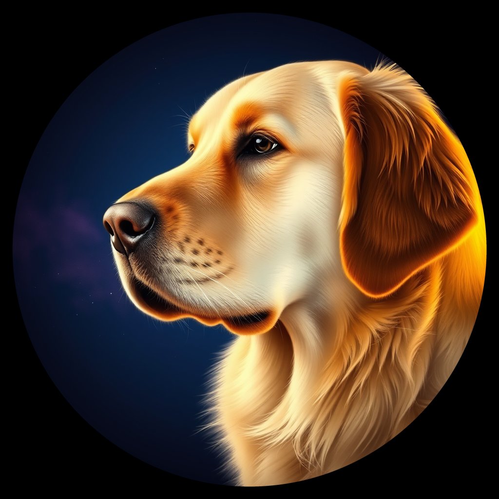 Cosmic medallion portrait of GRLS_grlsEYJWKWMM, a Golden Retriever