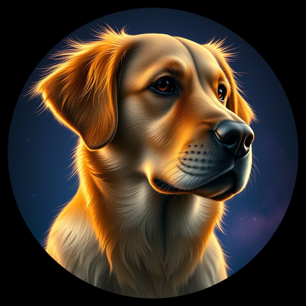 Cosmic medallion portrait of GRLS_grlsEYVSH5DD, a Golden Retriever