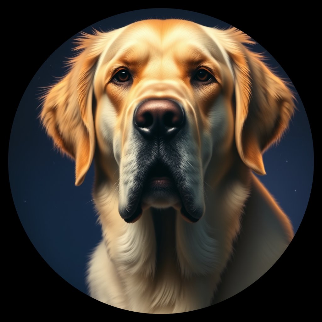 Cosmic medallion portrait of GRLS_grlsEZHMQWW, a Golden Retriever