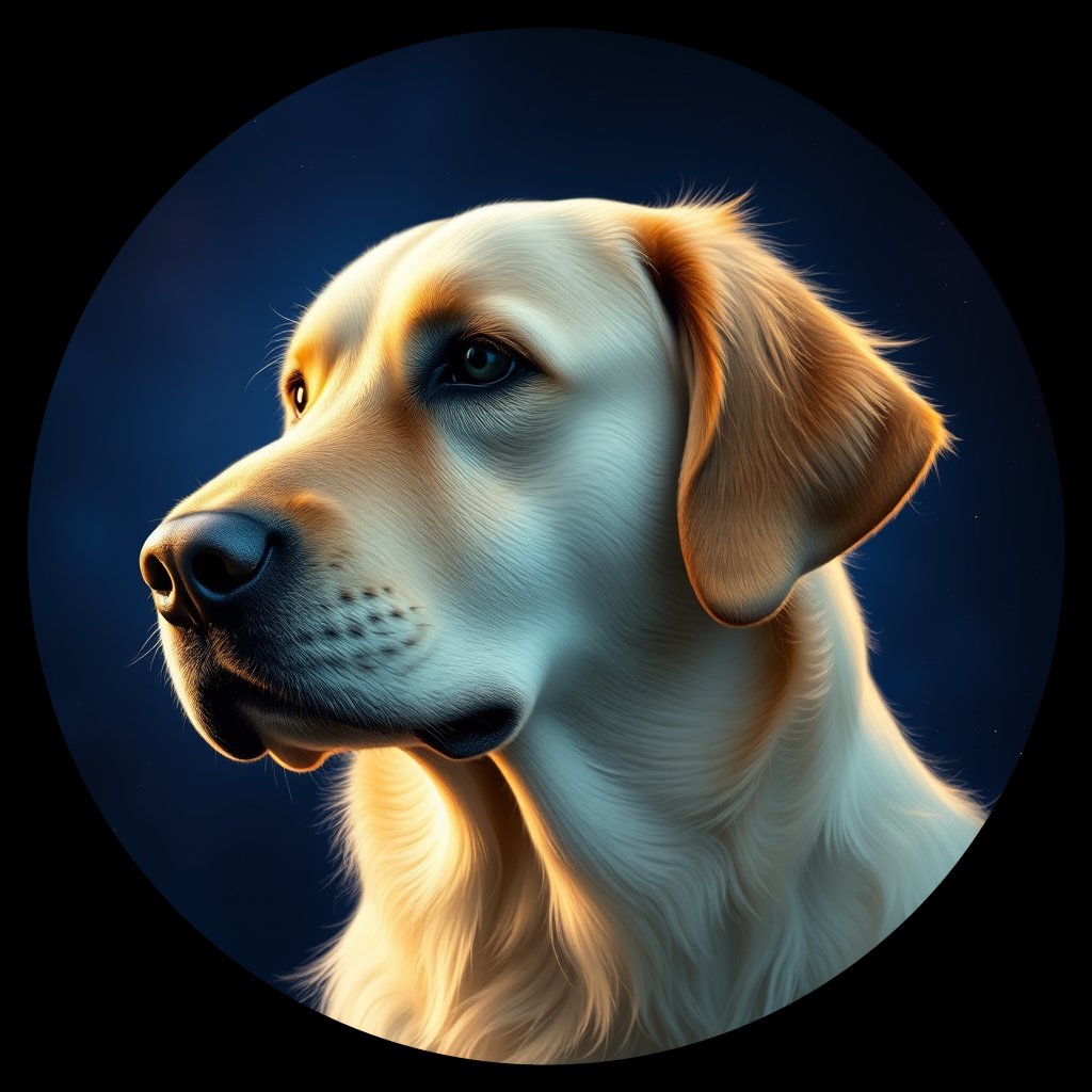 Cosmic medallion portrait of GRLS_grlsF32GK0RR, a Golden Retriever