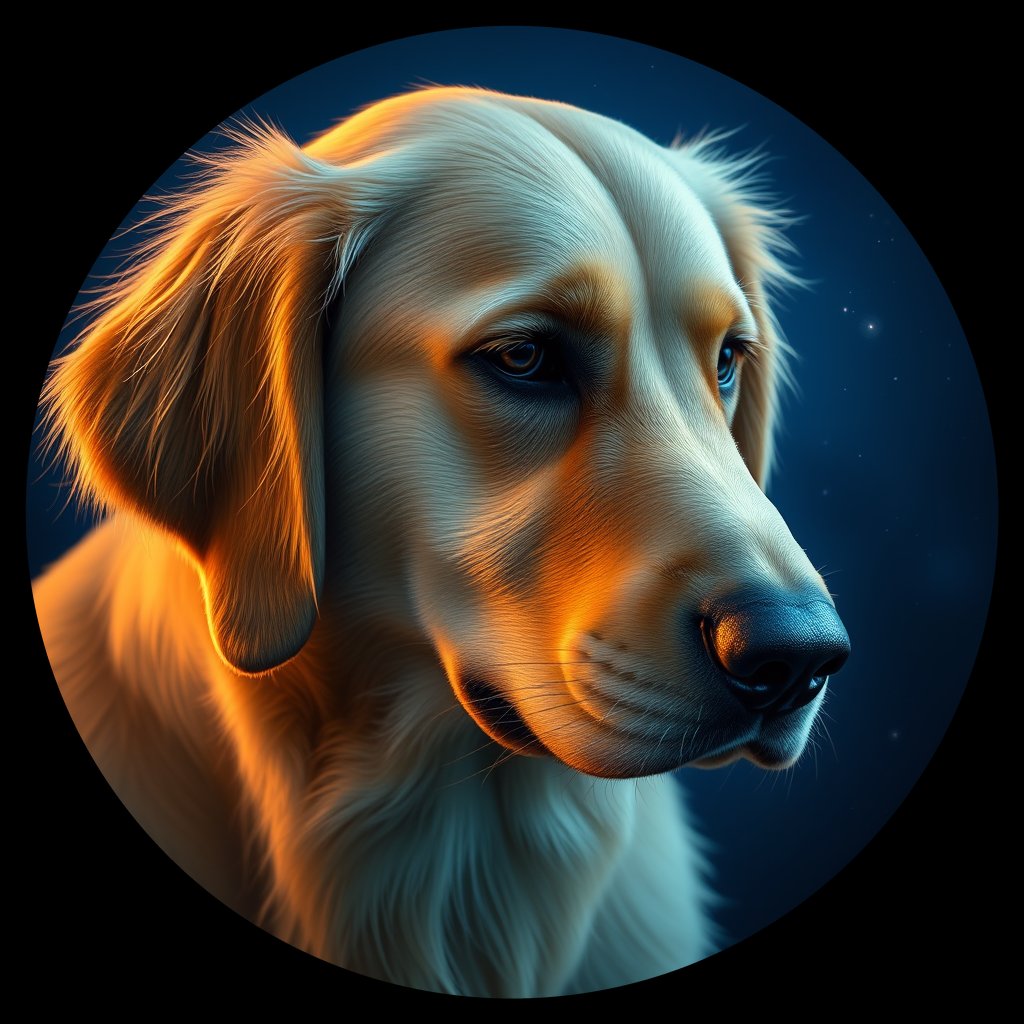 Cosmic medallion portrait of GRLS_grlsF6B6A5NN, a Golden Retriever