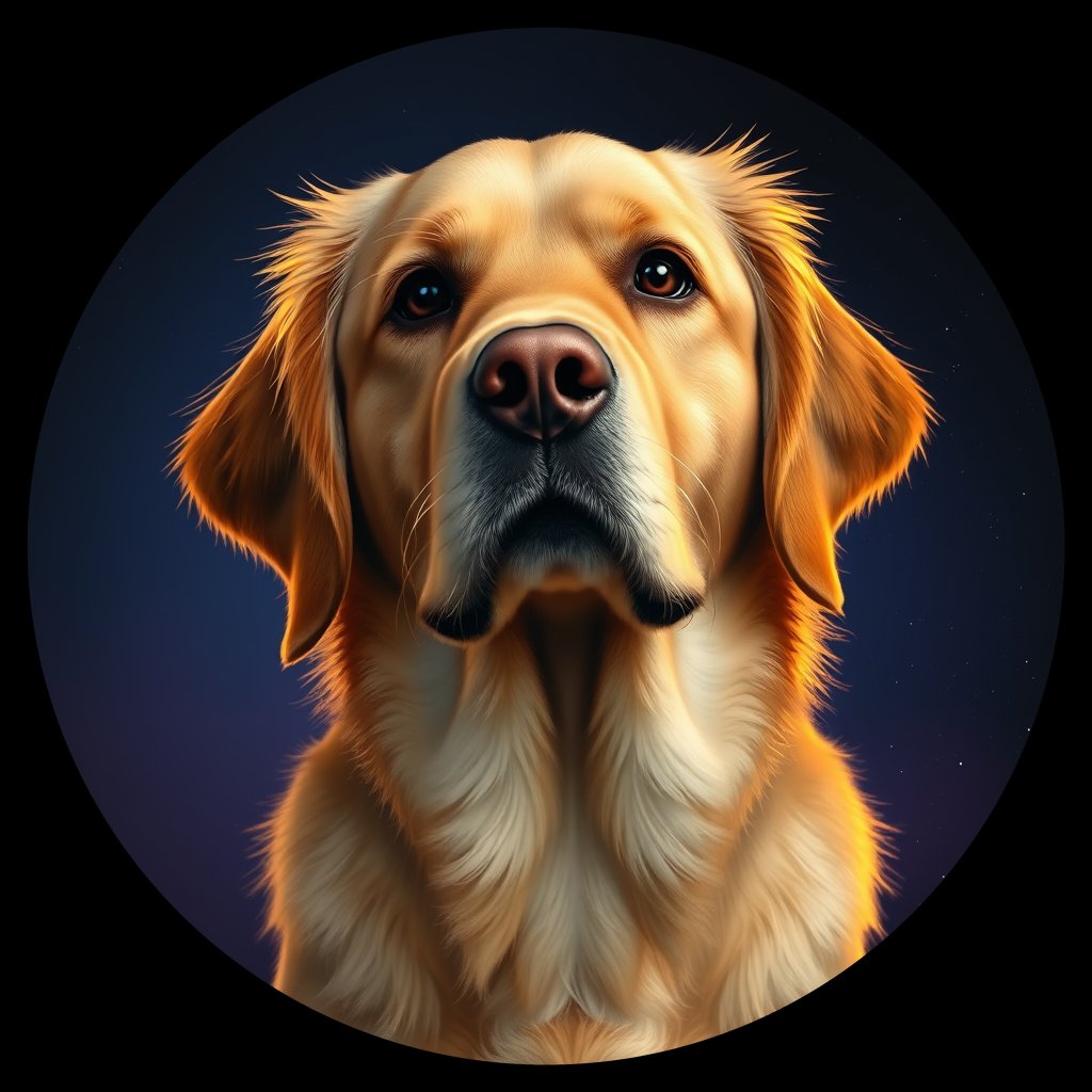 Cosmic medallion portrait of GRLS_grlsF744CMII, a Golden Retriever