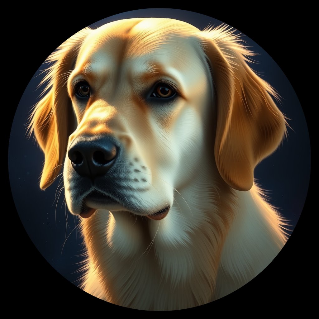 Cosmic medallion portrait of GRLS_grlsF8OY8Z77, a Golden Retriever