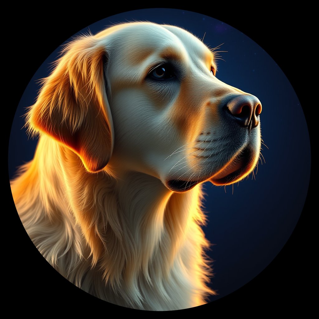Cosmic medallion portrait of GRLS_grlsF9CWK9VV, a Golden Retriever