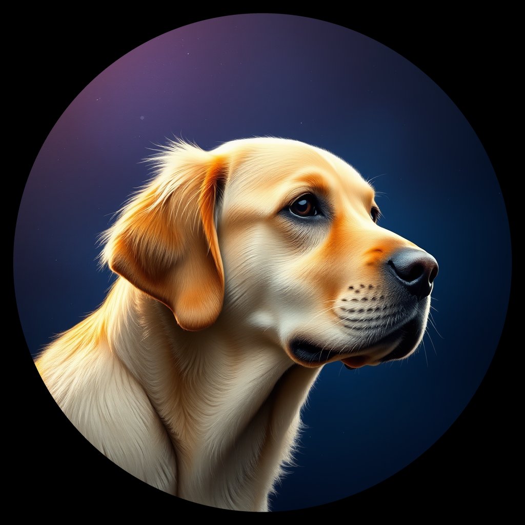 Cosmic medallion portrait of GRLS_grlsF9GY3088, a Golden Retriever