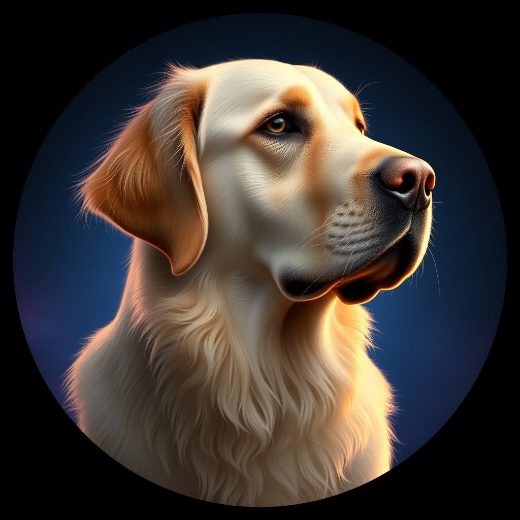 Cosmic medallion portrait of GRLS_grlsF9UDZVFF, a Golden Retriever