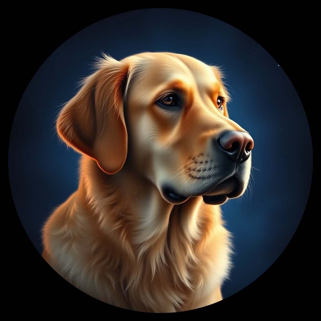 Cosmic medallion portrait of GRLS_grlsFB6GTIRR, a Golden Retriever