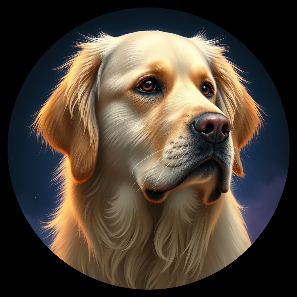 Cosmic medallion portrait of GRLS_grlsFBCOXUUU, a Golden Retriever