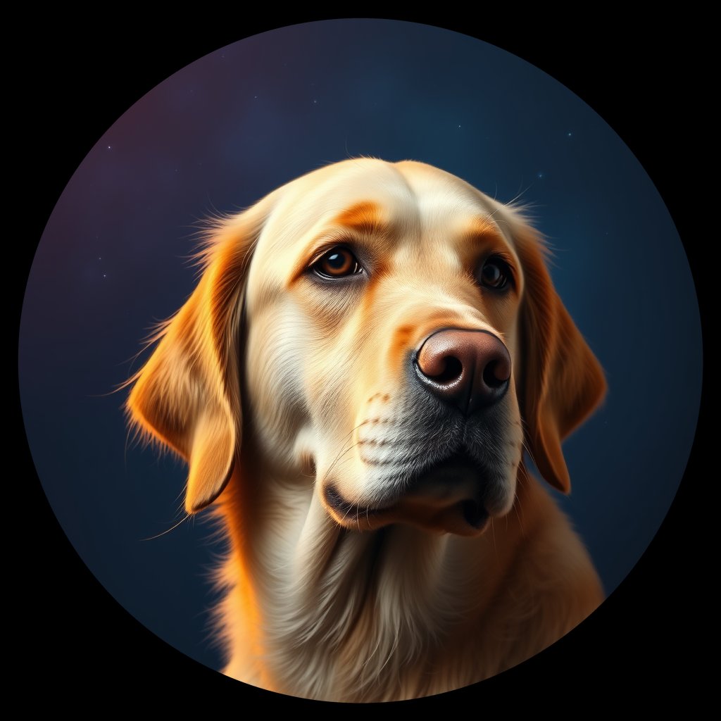 Cosmic medallion portrait of GRLS_grlsFBHIU9HH, a Golden Retriever