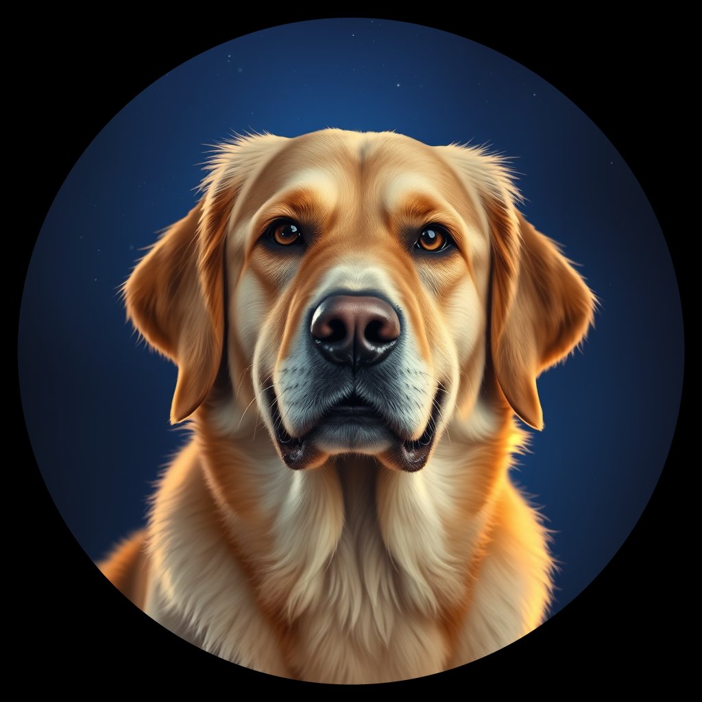 Cosmic medallion portrait of GRLS_grlsFD8LVQNN, a Golden Retriever