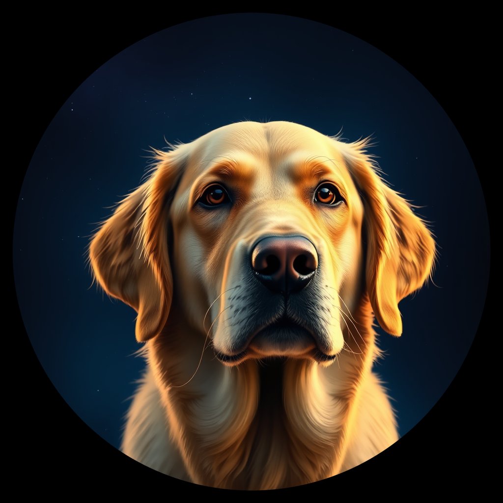 Cosmic medallion portrait of GRLS_grlsFDNR7RVV, a Golden Retriever