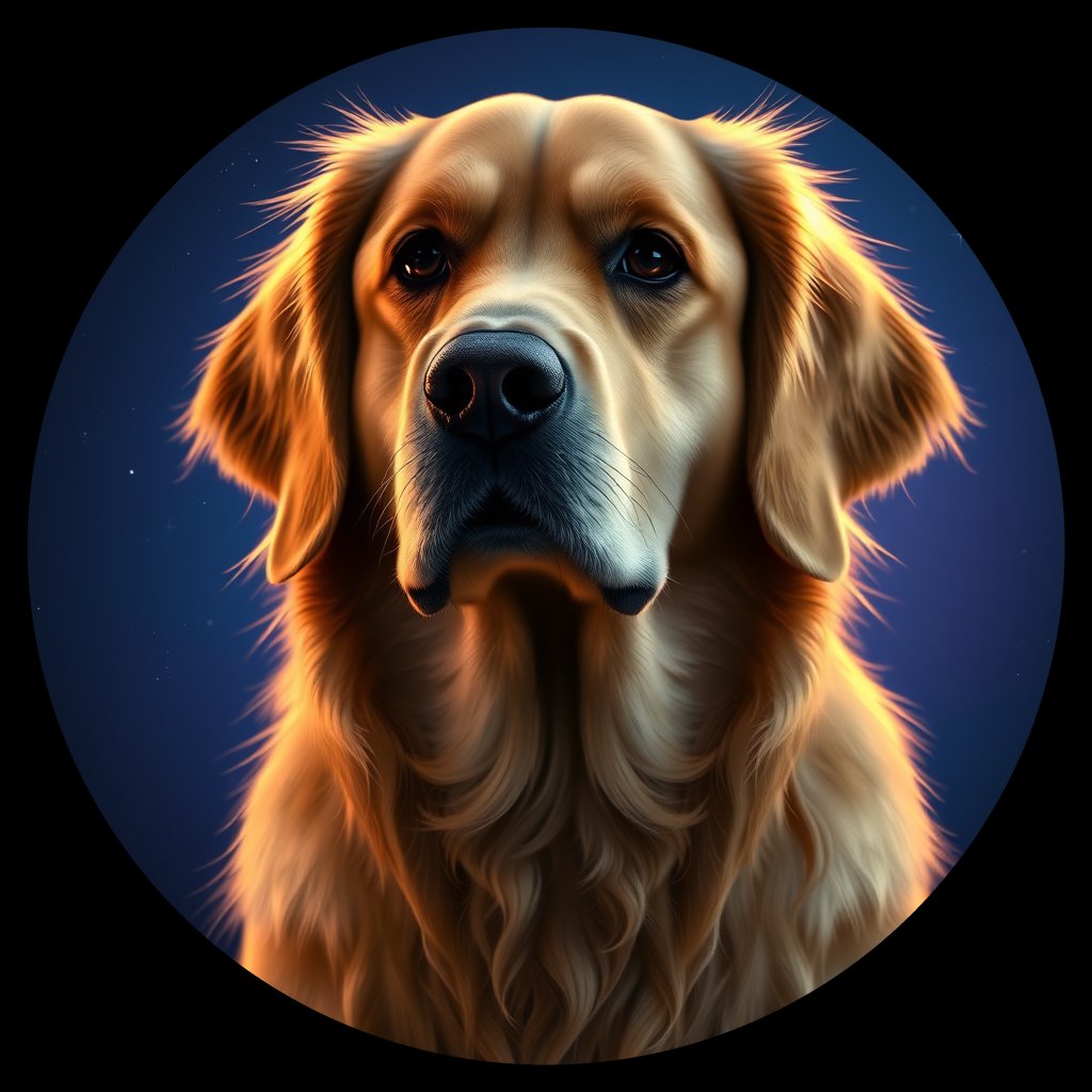 Cosmic medallion portrait of GRLS_grlsFEV190KK, a Golden Retriever