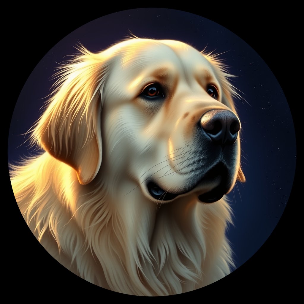Cosmic medallion portrait of GRLS_grlsFKA8KCJJ, a Golden Retriever