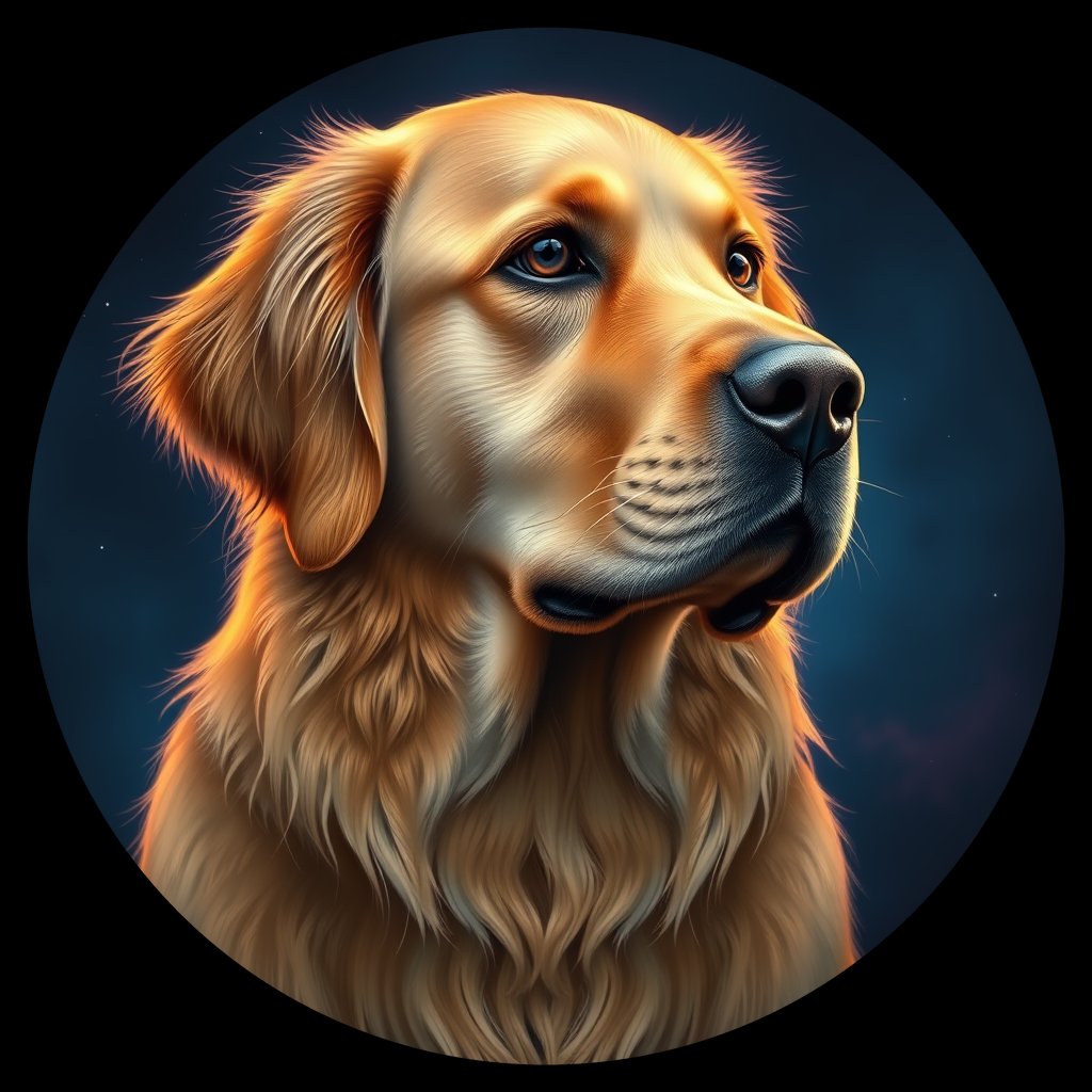Cosmic medallion portrait of GRLS_grlsFKMMUW55, a Golden Retriever