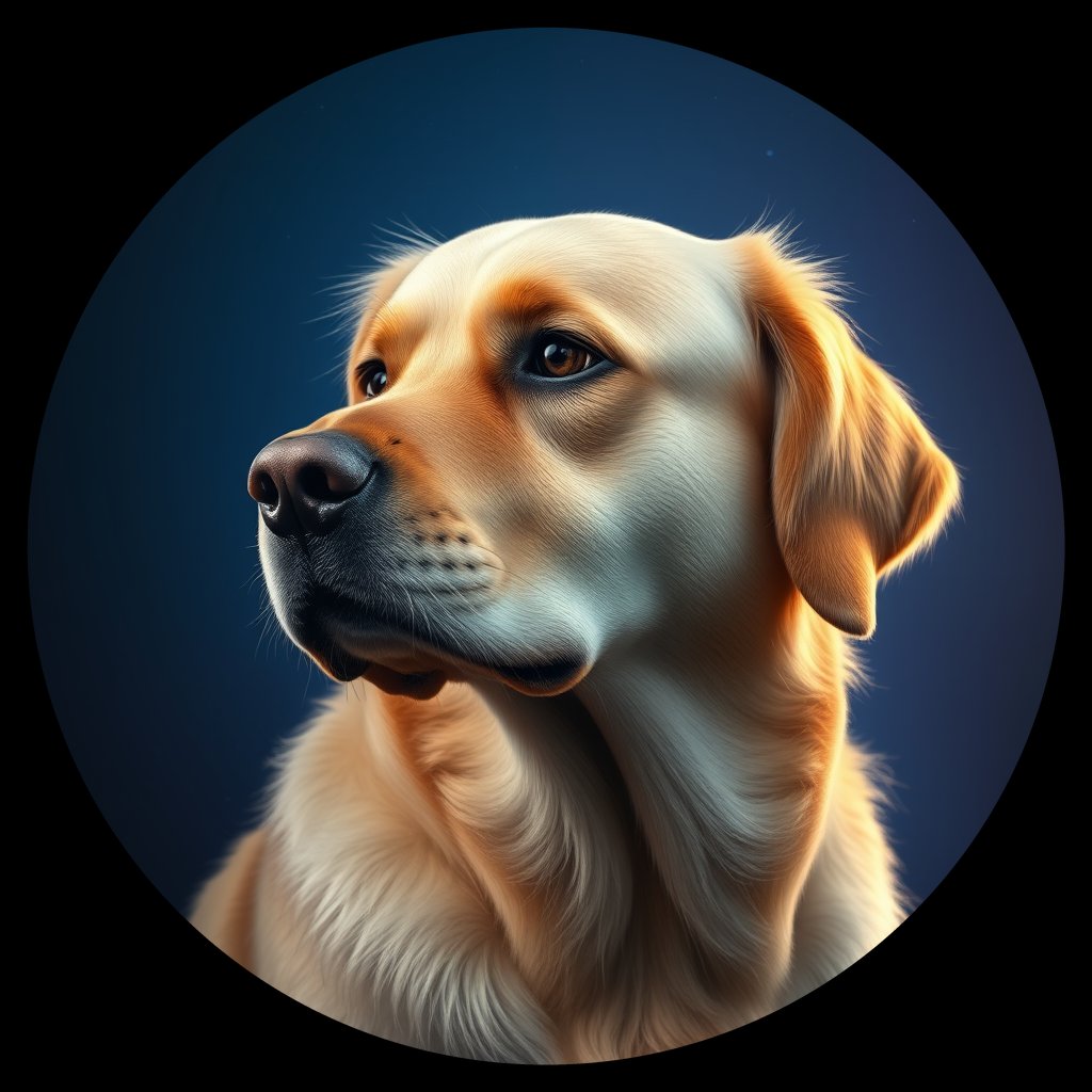 Cosmic medallion portrait of GRLS_grlsFLW1MFII, a Golden Retriever