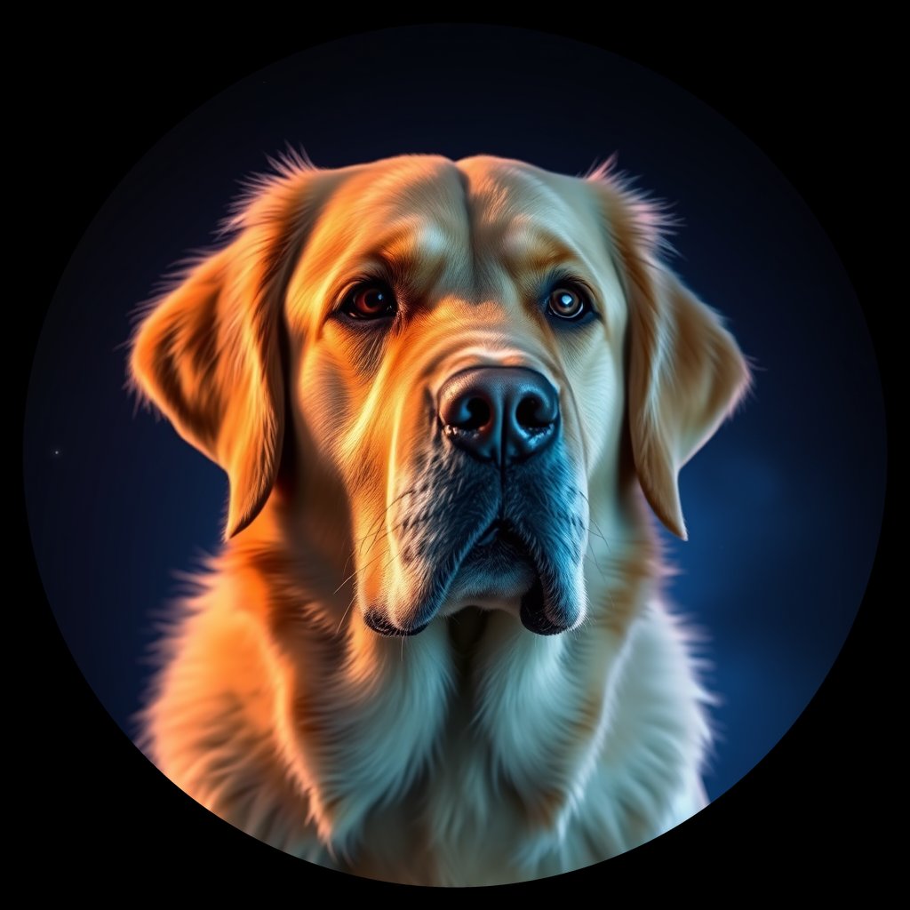 Cosmic medallion portrait of GRLS_grlsFMCUG5FF, a Golden Retriever