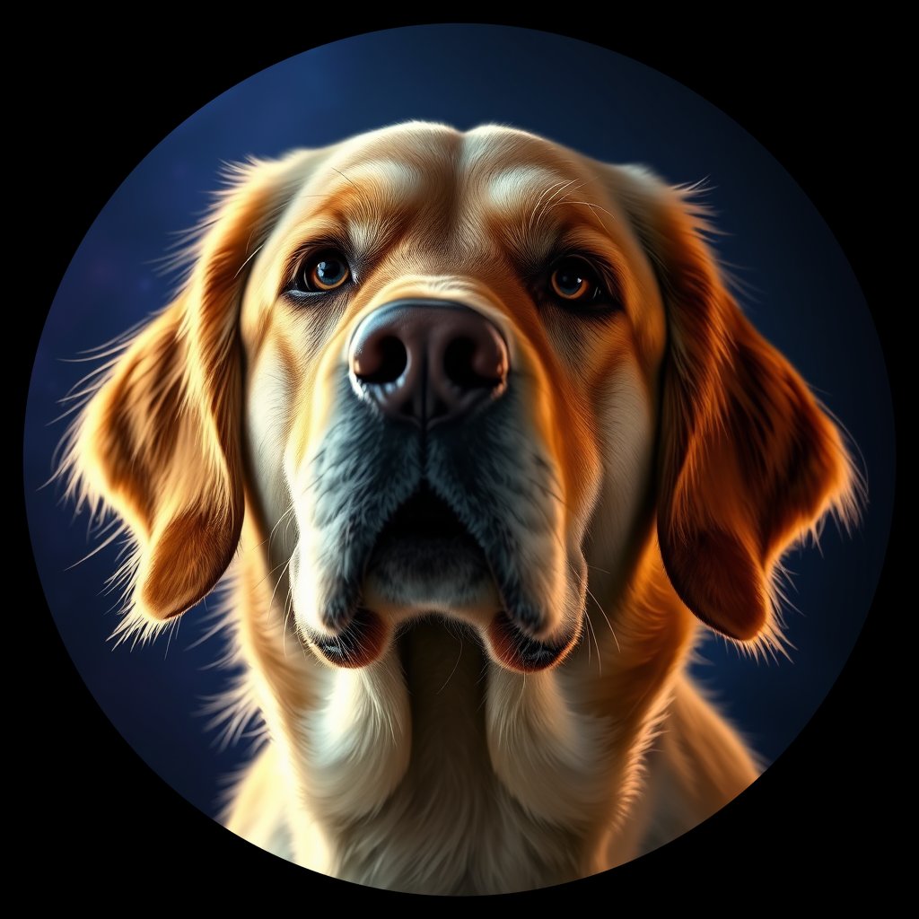 Cosmic medallion portrait of GRLS_grlsFN129W66, a Golden Retriever