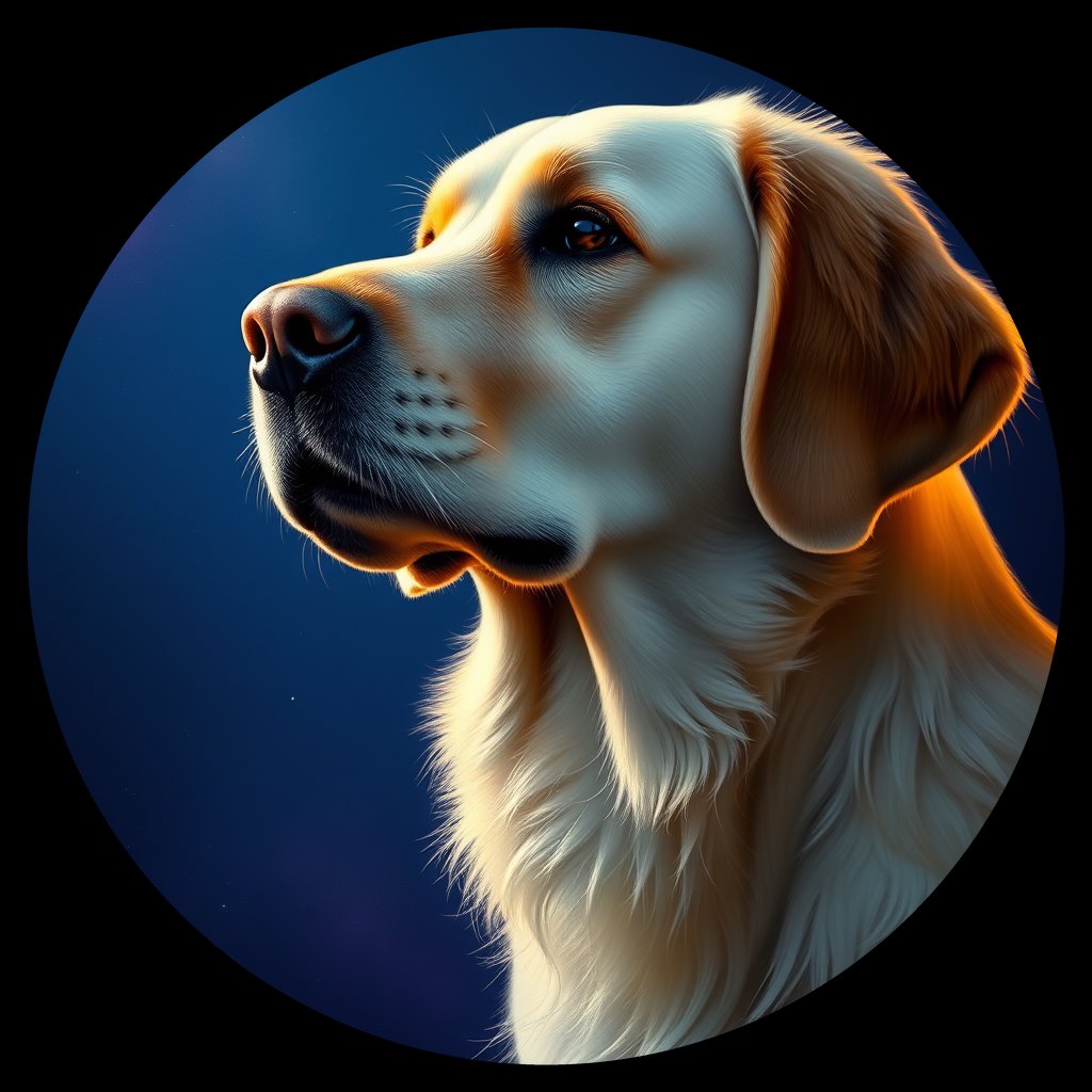 Cosmic medallion portrait of GRLS_grlsFPJ3QF99, a Golden Retriever