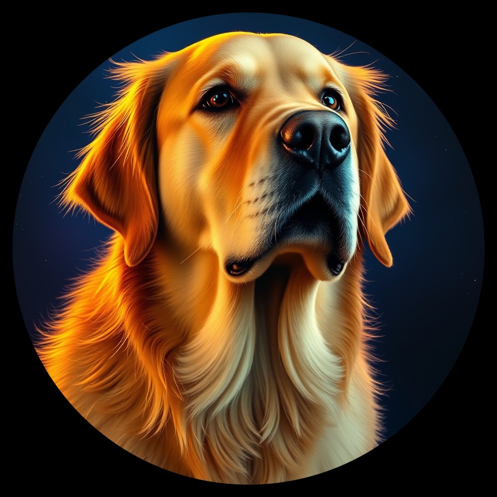 Cosmic medallion portrait of GRLS_grlsFQM4OIAA, a Golden Retriever