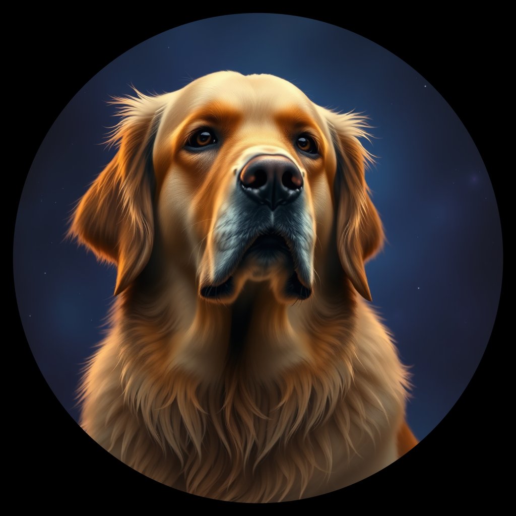Cosmic medallion portrait of GRLS_grlsFR0X5ZZ, a Golden Retriever