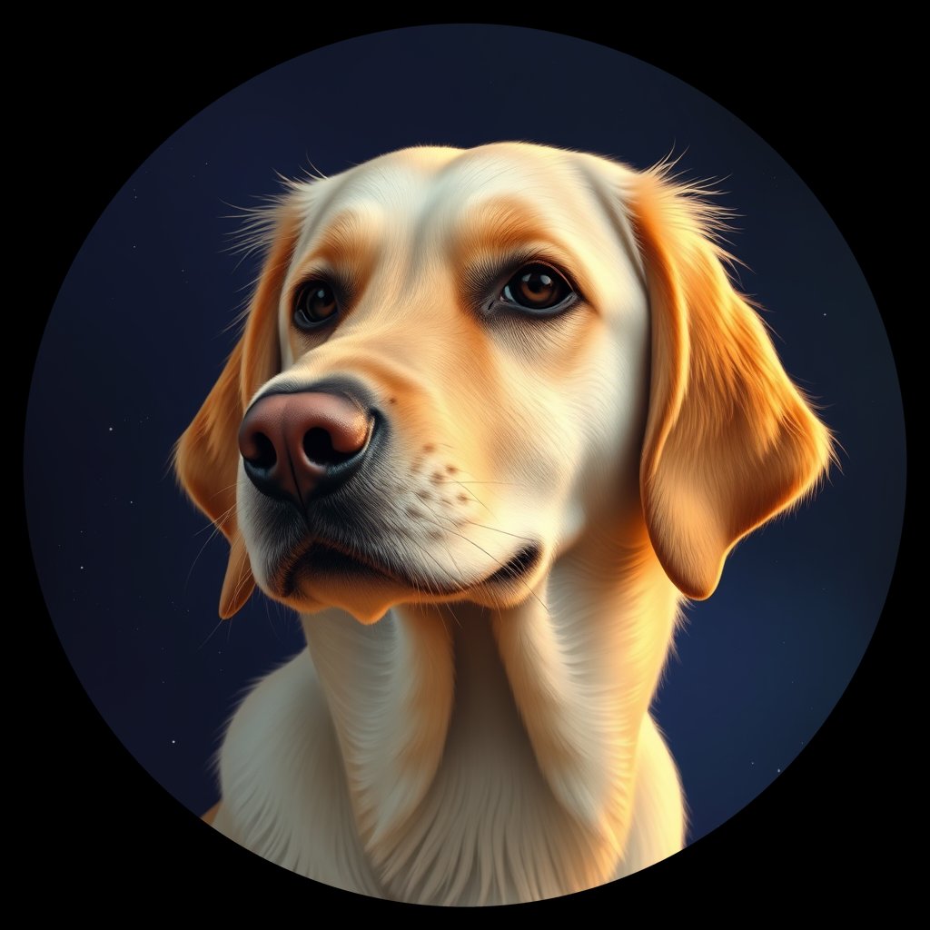 Cosmic medallion portrait of GRLS_grlsFR455OOO, a Golden Retriever