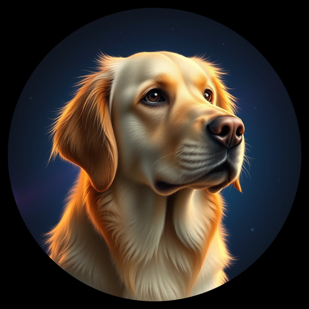 Cosmic medallion portrait of GRLS_grlsFRVUL77, a Golden Retriever