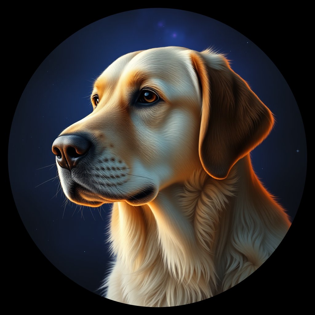 Cosmic medallion portrait of GRLS_grlsFU3W5C33, a Golden Retriever