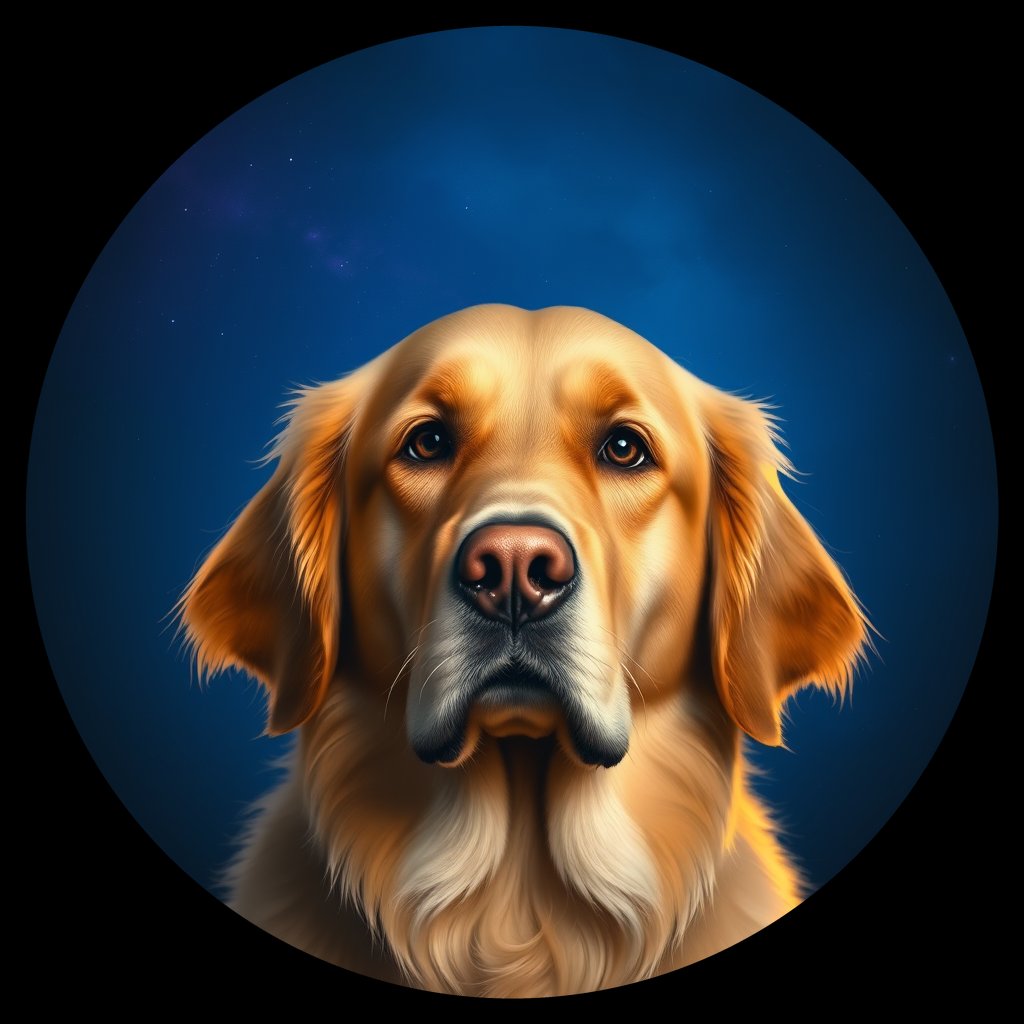 Cosmic medallion portrait of GRLS_grlsFUZDSRYY, a Golden Retriever
