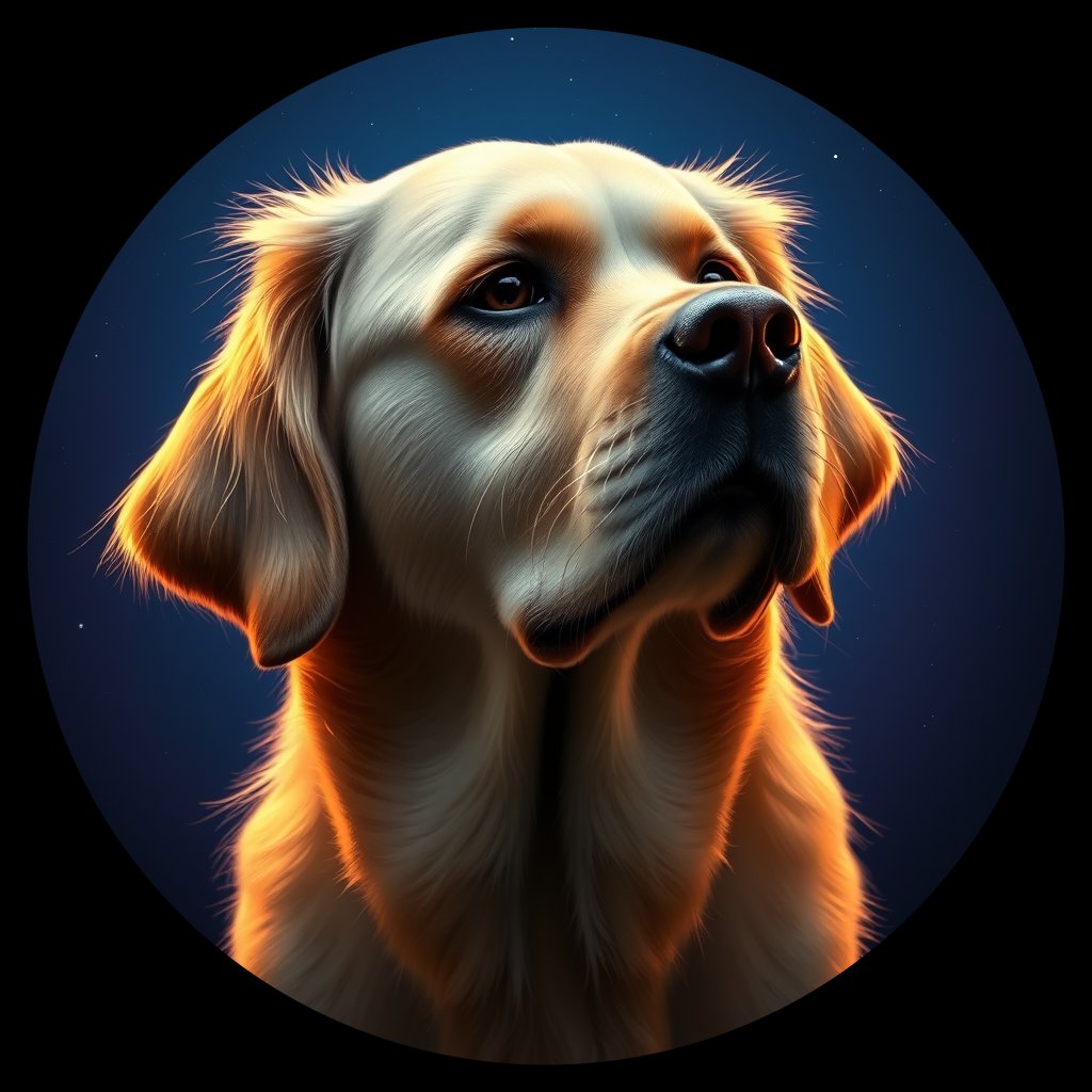 Cosmic medallion portrait of GRLS_grlsFXBOOEEE, a Golden Retriever