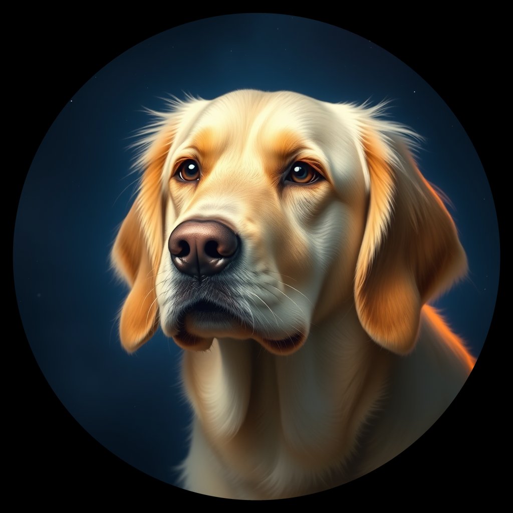 Cosmic medallion portrait of GRLS_grlsFZ8E7JJ, a Golden Retriever