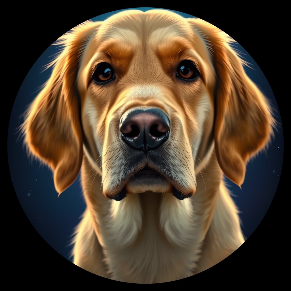 Cosmic medallion portrait of GRLS_grlsG40Y3RMM, a Golden Retriever