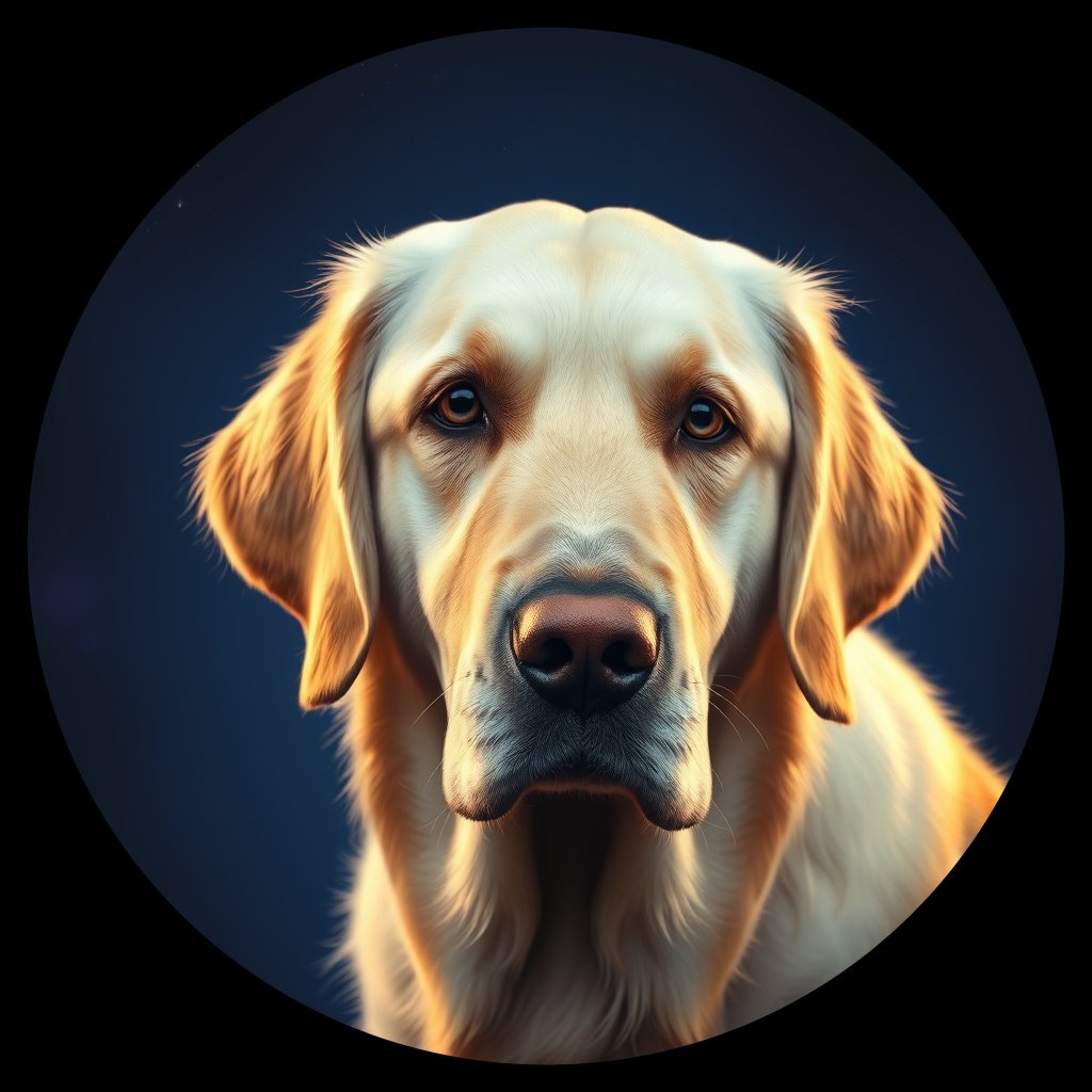 Cosmic medallion portrait of GRLS_grlsG50LXUU, a Golden Retriever