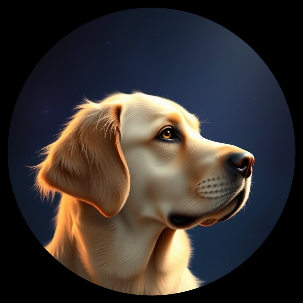 Cosmic medallion portrait of GRLS_grlsG8XK3MII, a Golden Retriever