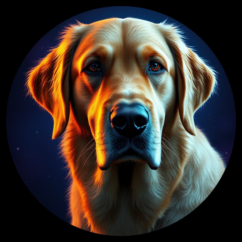 Cosmic medallion portrait of GRLS_grlsG9A3FG00, a Golden Retriever