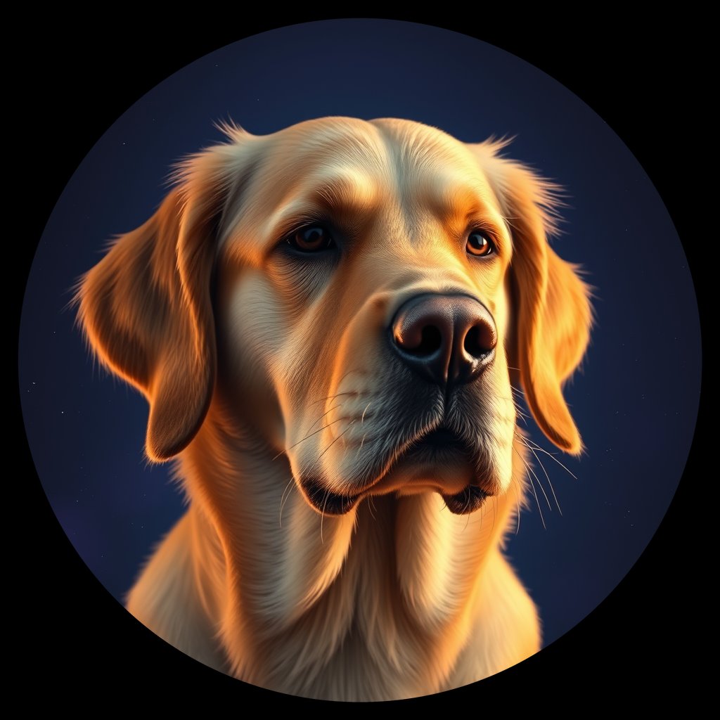 Cosmic medallion portrait of GRLS_grlsGB7P7YJJ, a Golden Retriever