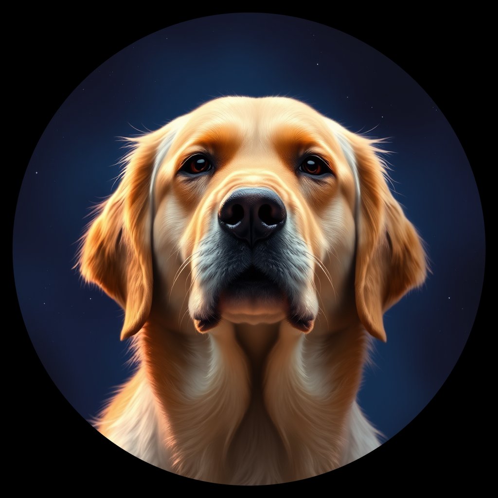 Cosmic medallion portrait of GRLS_grlsGB9P9CGG, a Golden Retriever